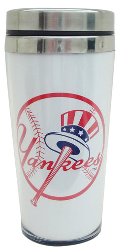 White stainless steel travel mug with Yankees logo in the middle.