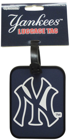 Yankees Luggage tag, with dark Blue background and white Yankees logo in the middle