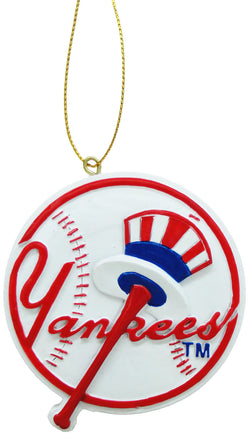 Yankees Christmas Ornament. This Ornament is in the shape of a baseball with Yankees written on it in red, and a baseball bat with a hat on it