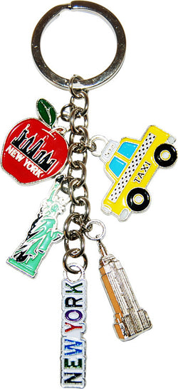 Red Apple Dangle Keychain with Statue of Liberty and Empire State Building - Solar Powered Taxi