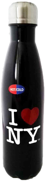 Black I Heart New York water bottle featuring the famous I love NY logo. The writing is in white and the heart is in red.