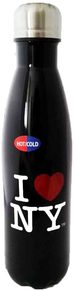 Black I Heart New York water bottle featuring the famous I love NY logo. The writing is in white and the heart is in red.