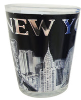 Cityscape Nightlife: New York Foil Shot Glass in Black and White with Skyline Design