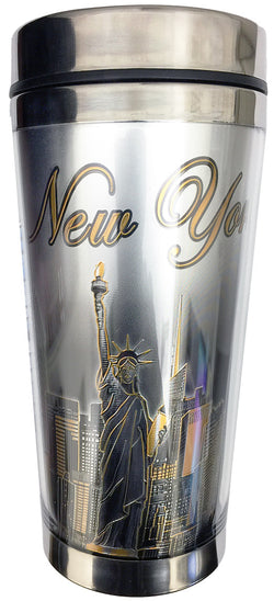 Monochrome Steel Travel Mug with Gold Accents