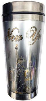Monochrome Steel Travel Mug with Gold Accents