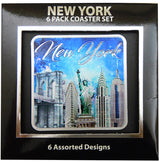 6-Piece Foil Coasters Set with Skyline, NY, Flag, and Taxi Designs