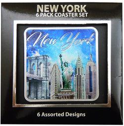 6-Piece Foil Coasters Set with Skyline, NY, Flag, and Taxi Designs