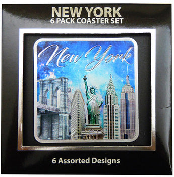 6-Piece Foil Coasters Set with Skyline, NY, Flag, and Taxi Designs