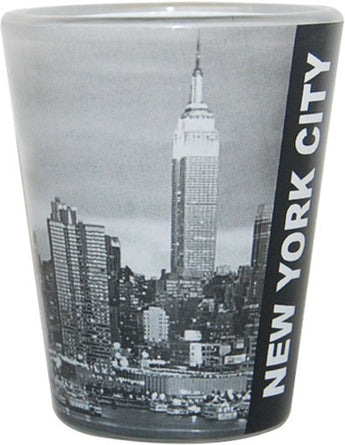 NYC Skyline Shot Glass with Black & White Picture and Script Detail