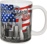 Amercian flag mug, featuring the famous NY skyline in black and white. The mug is in white and the USA flag in blue, red and white. Perfect patriotic gift. Made in USA