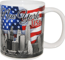 Amercian flag mug, featuring the famous NY skyline in black and white. The mug is in white and the USA flag in blue, red and white. Perfect patriotic gift. Made in USA