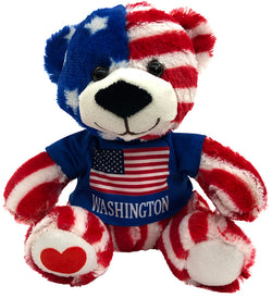 This soft plush toy bear has the American Flag colors and stripes all over it with a USA flag in the middle and Washington written under the flag. A perfect patriotic gift for kids.