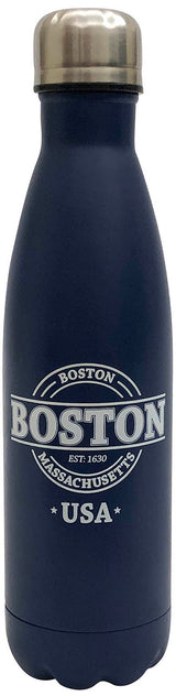 Matte Blue Steel Boston Travel Mug Bottle – sleek, insulated bottle with EST 1630 engraving for hot or cold drinks.