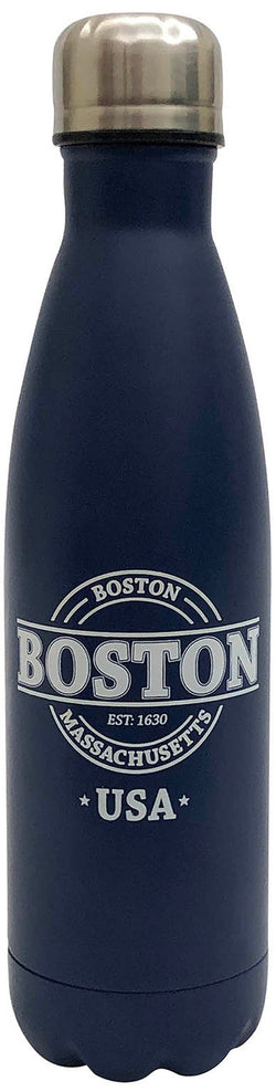 Matte Blue Steel Boston Travel Mug Bottle – sleek, insulated bottle with EST 1630 engraving for hot or cold drinks.