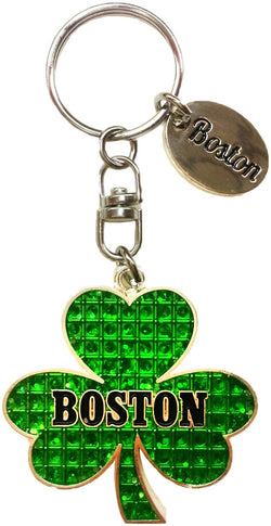 Boston Sparkling Shamrock Keychain in Green with Magical Glitter and Tag