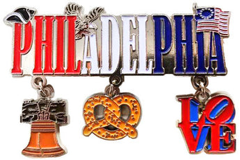 City Charm Trio: Philadelphia Dangle Magnet with Liberty Bell, Pretzel & Love Themes