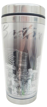 Boston Travel Mug with B&W Silver Finish and Night Skyline Design