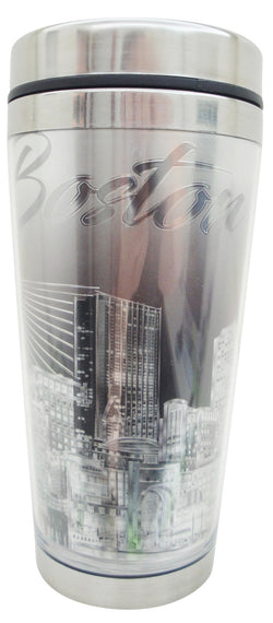 Boston Travel Mug with B&W Silver Finish and Night Skyline Design
