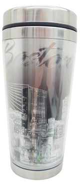 Boston Travel Mug with B&W Silver Finish and Night Skyline Design
