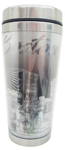 Boston Travel Mug with B&W Silver Finish and Night Skyline Design