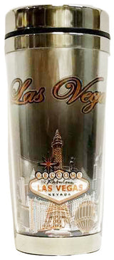 Black Steel Las Vegas Travel Mug with Foil Skyline and Gold Welcome Sign