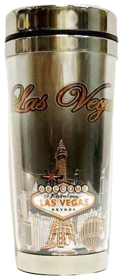 Black Steel Las Vegas Travel Mug with Foil Skyline and Gold Welcome Sign