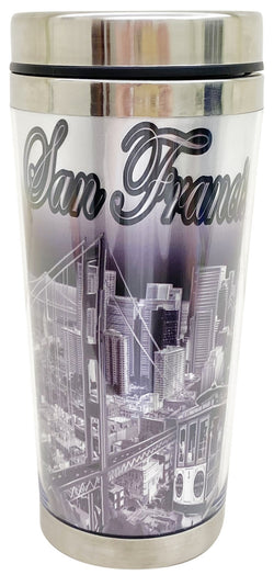 Black and White San Francisco Travel Mug with Silver Accent Line