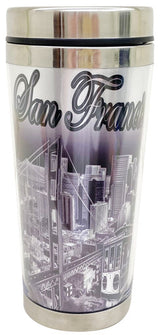 Black and White San Francisco Travel Mug with Silver Accent Line