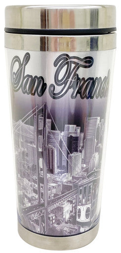 Black and White San Francisco Travel Mug with Silver Accent Line