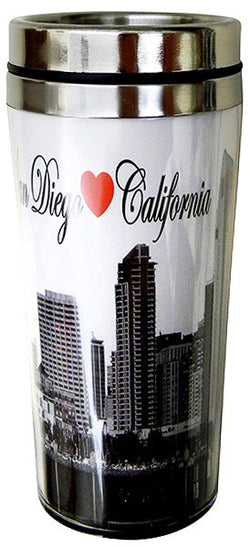 Steel San Diego Travel Mug B&W with Red Heart Skyline Design