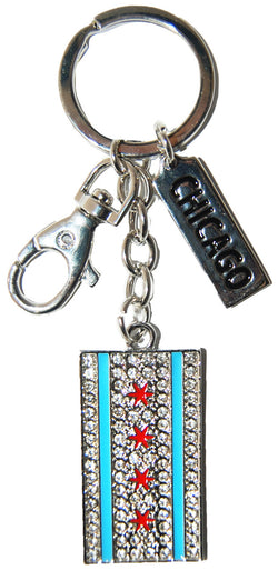 Chicago Flag Keyring with Diamonds Tag and Clip