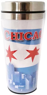 Steel Chicago Travel Mug with Blue Flag Design and Red Accent