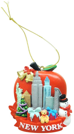 New York X-Mas Poly Ornament Apple with Skyline, Bell, Snowman & Gifts