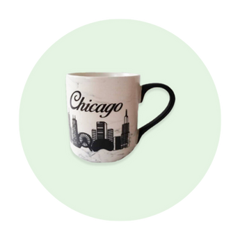 Chic and Stylish 15oz Chicago Marble Cup with Collage Design and Black Handle
