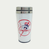 White stainless steel travel mug with Yankees logo in the middle.