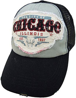 Embroidered Chicago Illinois Distressed Black Cap - Fashionable Unisex Cotton Adjustable Chicago City Baseball Cap - Cap for Dad - Perfect Souvenir Gift for Men, Women & Kids