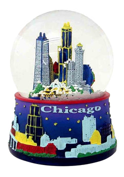 purple chicago skyline snowglobe at night 
