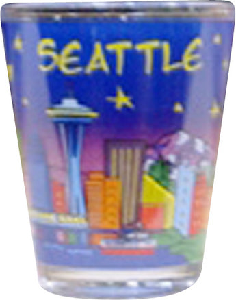 purple shotglass seattle skyline at night buildings space needle 